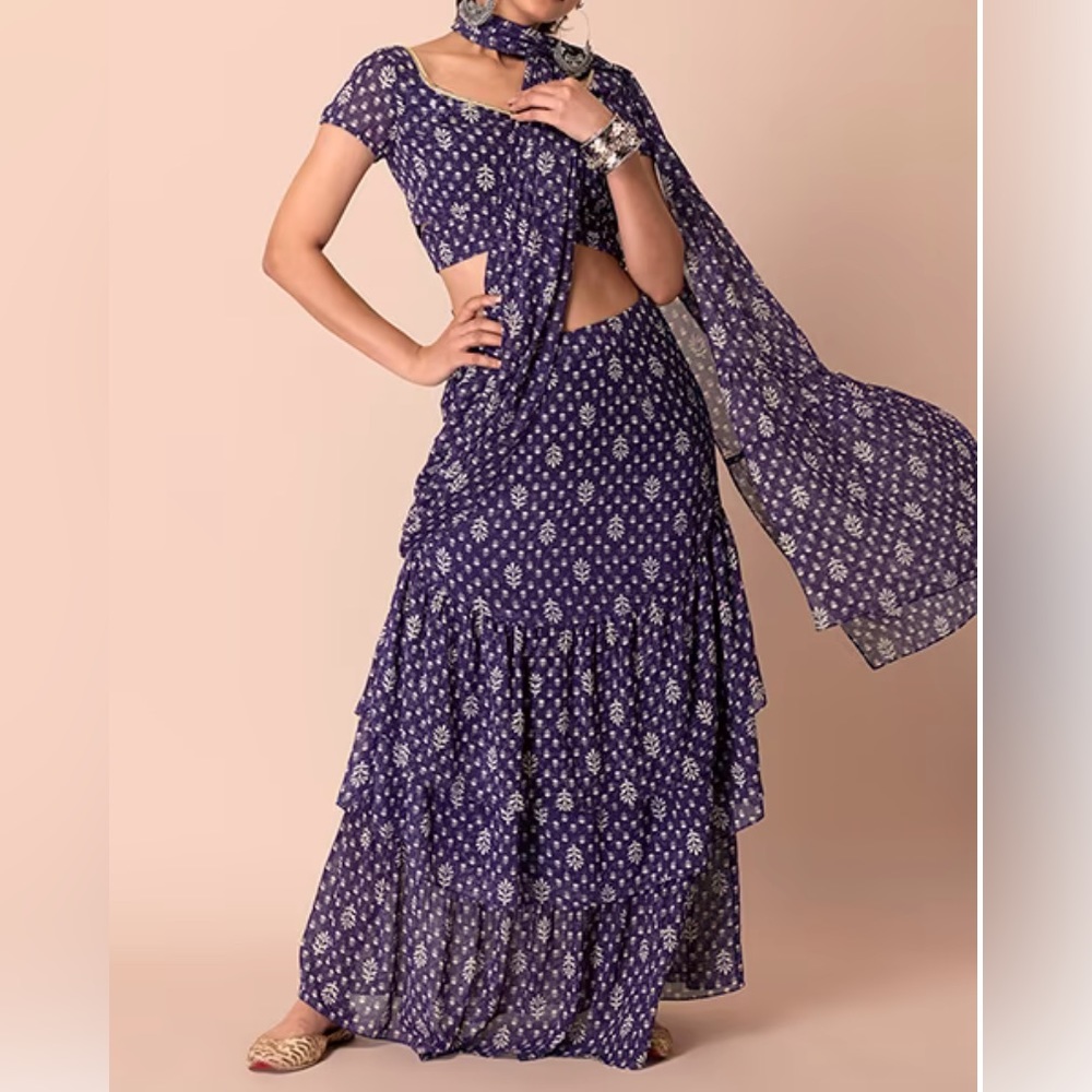 Purple floral boots print layered pre-stitched saree with gold sequin blouse